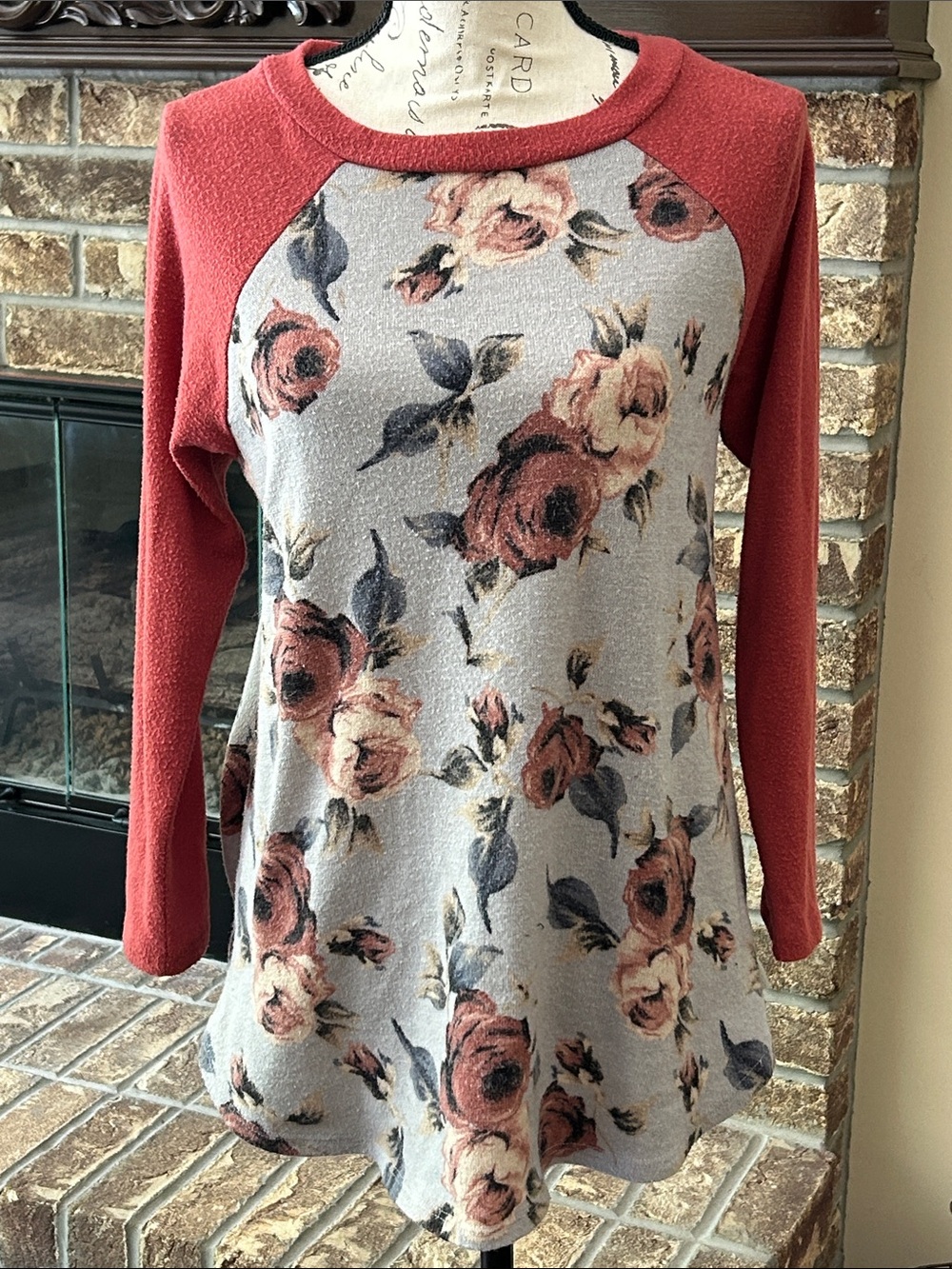 Coral Rust & Dusty Mauve Raglan Floral Roses Tunic Top